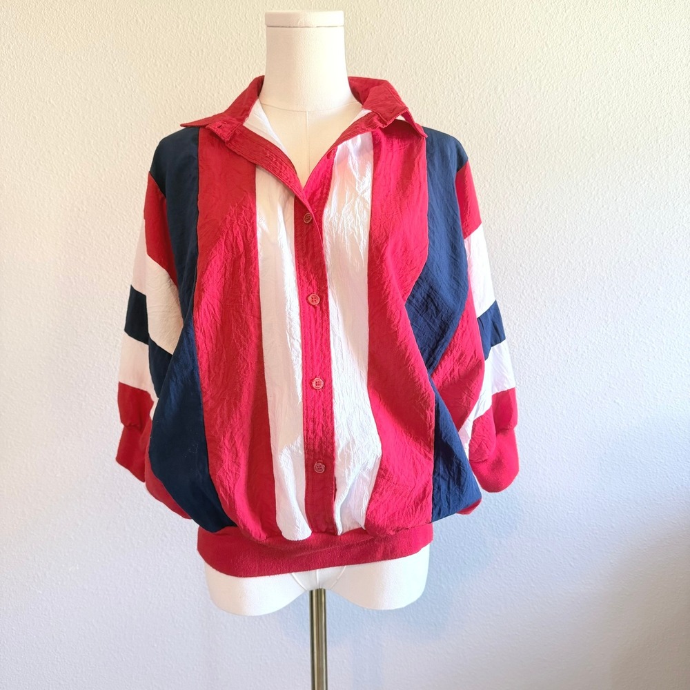 Vintage Cortiva Red White Blue Striped Windbreaker 90s USA Made Sporty Large - Picture 1 of 7